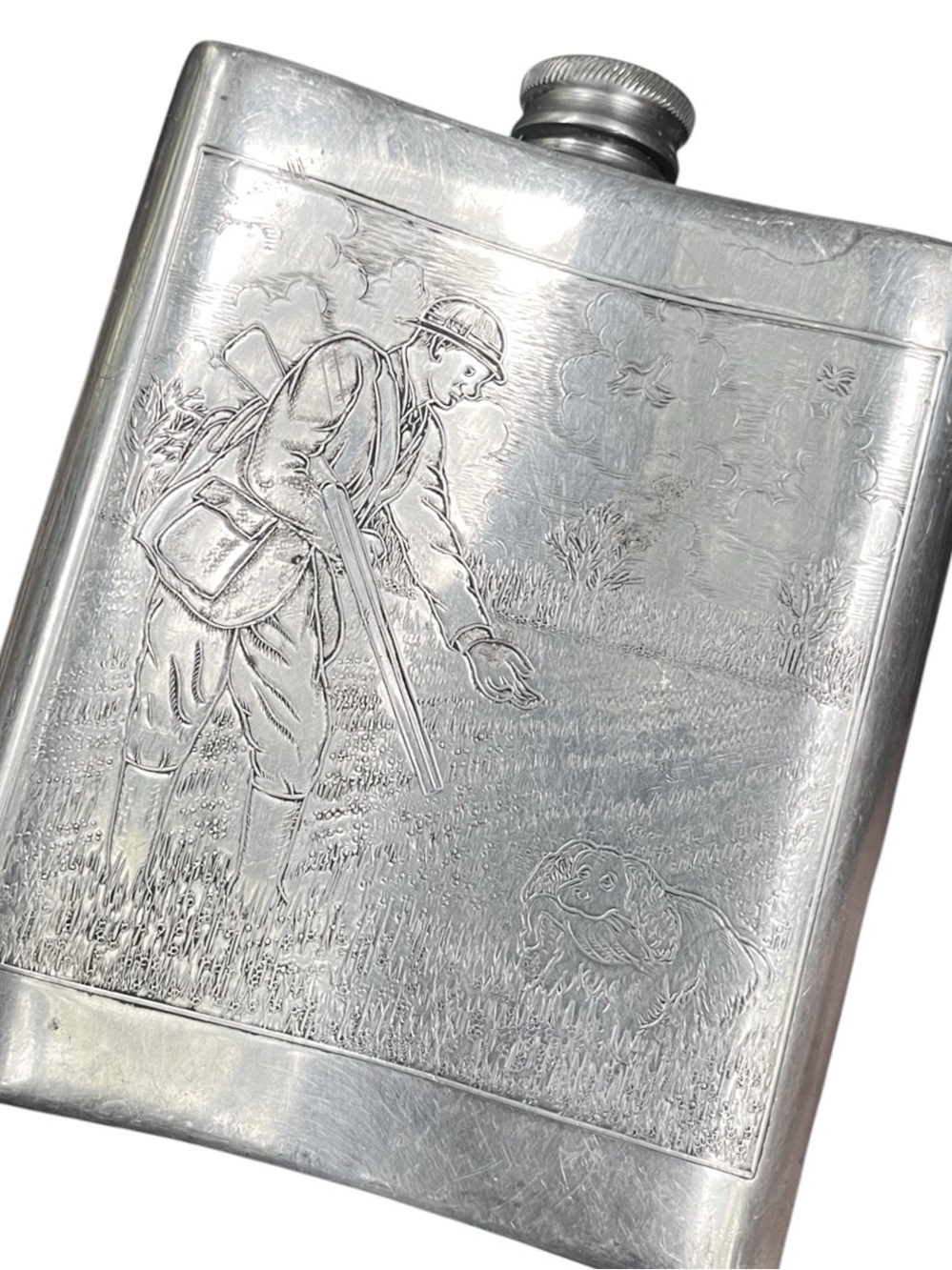 RARE Sheffield Rose English Pewter Hip Flask - Hunting Scene